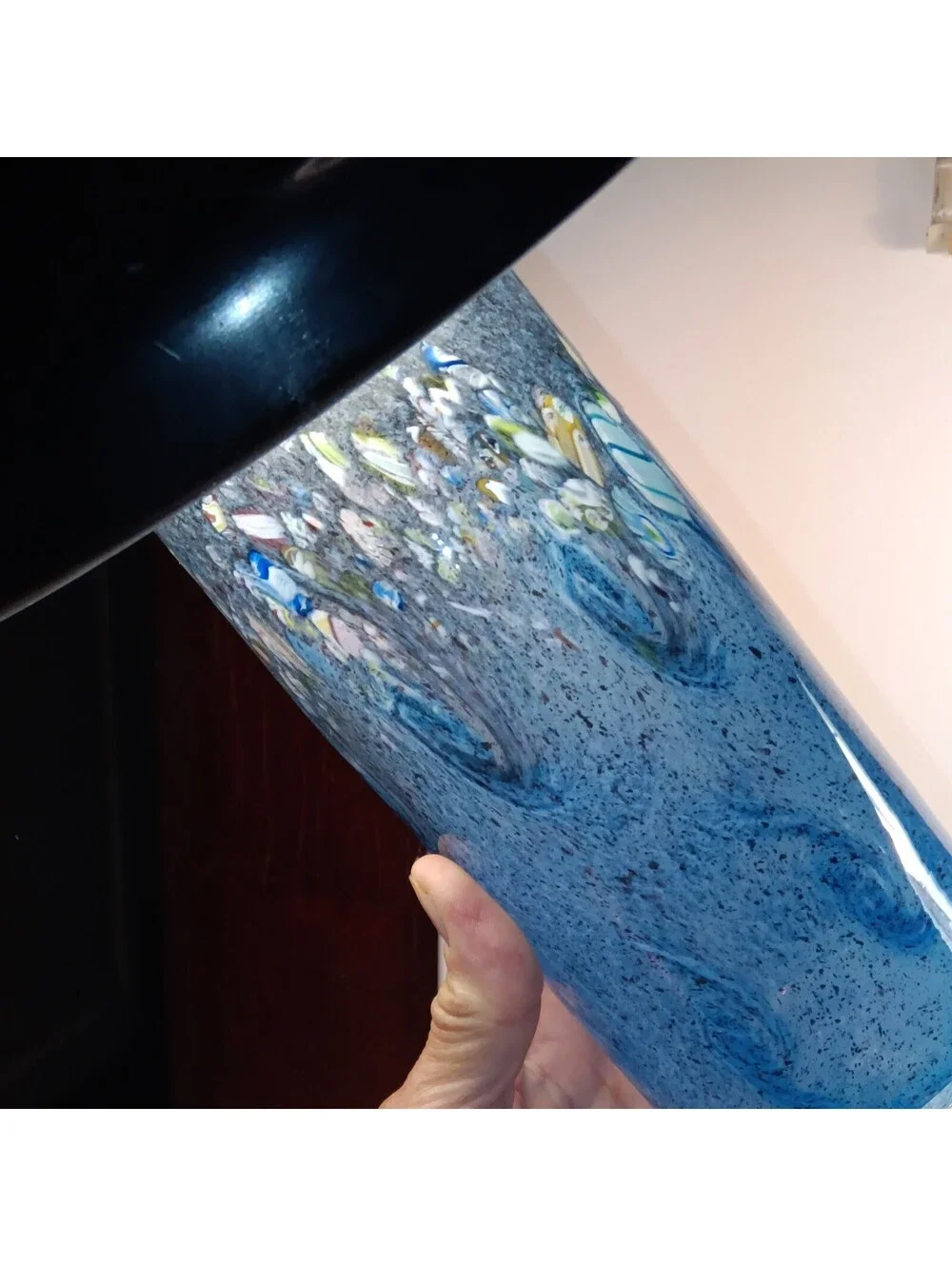 Vintage Blue Millefiori Hand Blown Art Glass Cylinder Vase 8.25